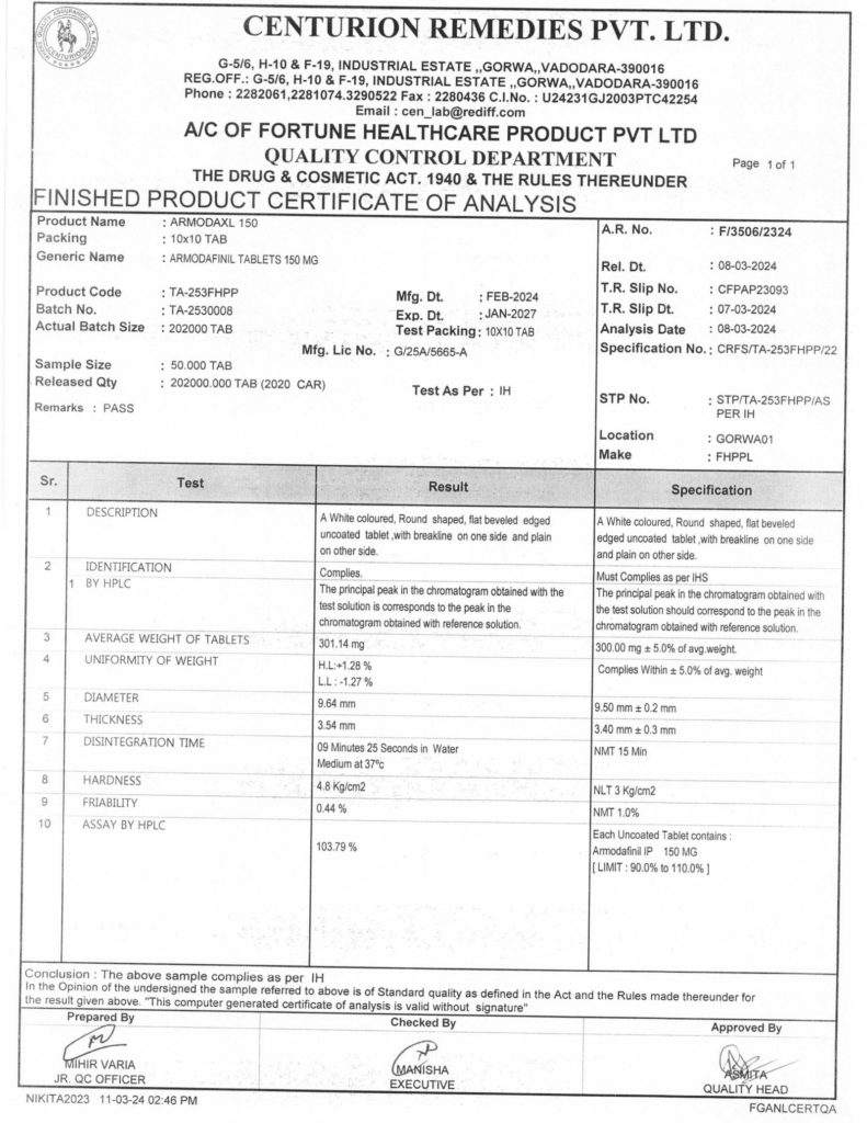 ArmodaXL 150mg Quality Certificate